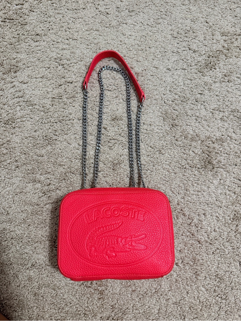 Lacoste Red Pebbled Leather Crossbody with Chain Strap